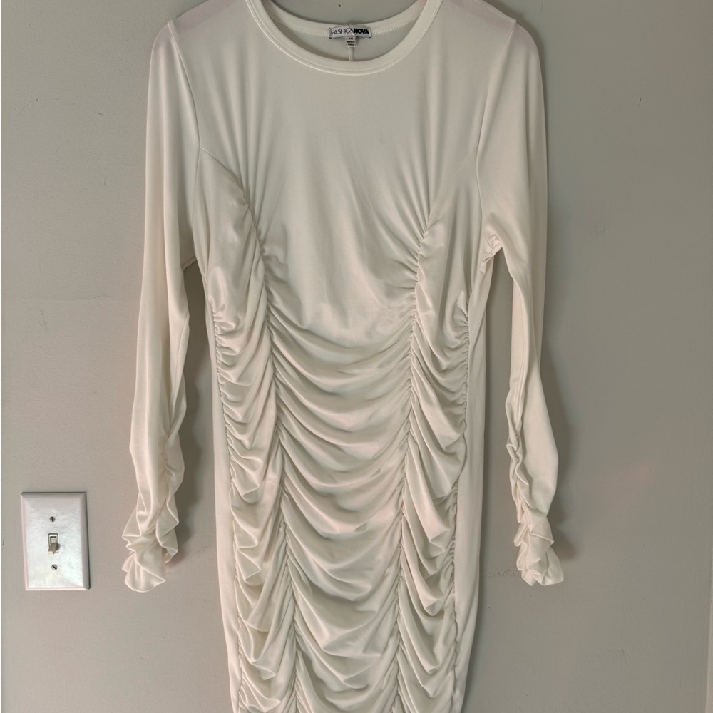 Fashion Nova Cream Long Sleeve Ruched Dress